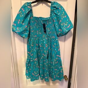 Crown & Ivy Teal Floral Smocked Puff-Sleeve Dress